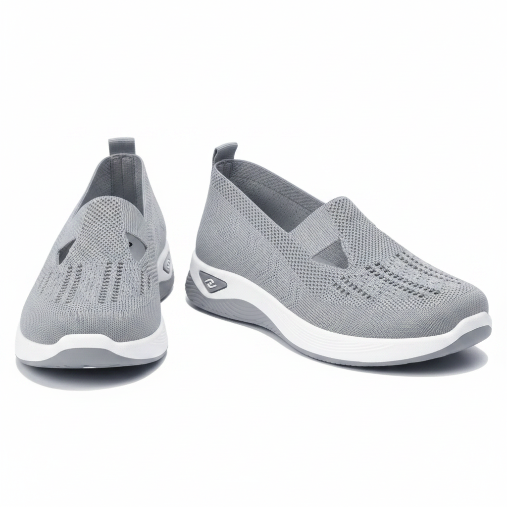 Chaussures orthopédiques slip-on Vulcane II grises – mesh knit ajouré découpe T-bar, semelle plateforme grise et blanche, fond blanc studio