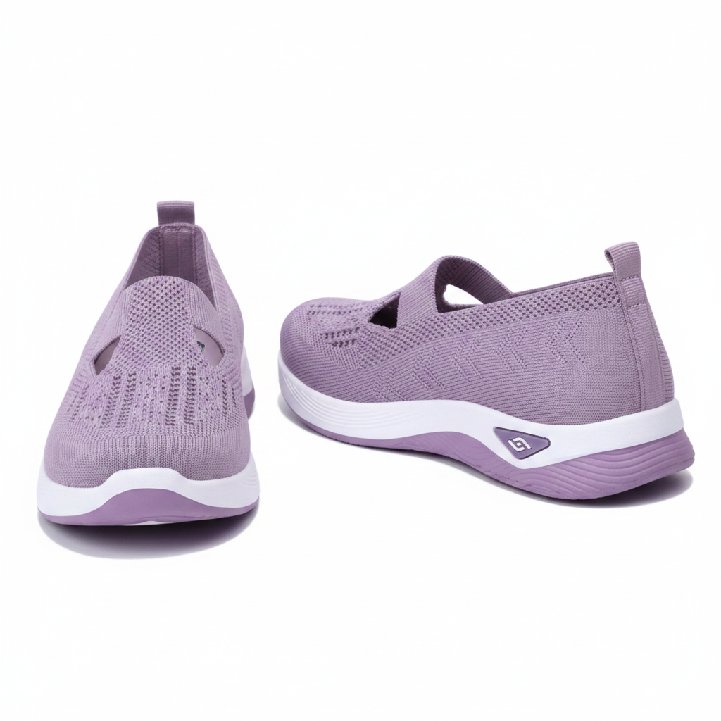 Chaussures orthopédiques slip-on Vulcane II lavande – mesh knit ajouré découpe T-bar, semelle plateforme violette et blanche, fond blanc studio