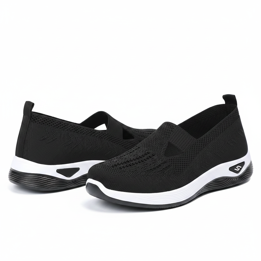 Chaussures orthopédiques slip-on Vulcane II noires – mesh knit ajouré découpe T-bar, semelle plateforme blanche et noire, fond blanc studio