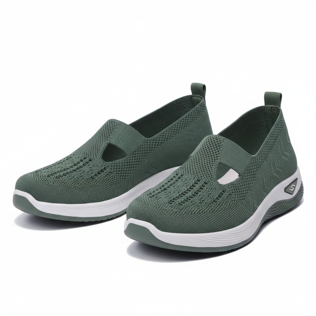 Chaussures orthopédiques slip-on Vulcane II vert kaki – mesh knit ajouré découpe T-bar, semelle plateforme grise, fond blanc studio