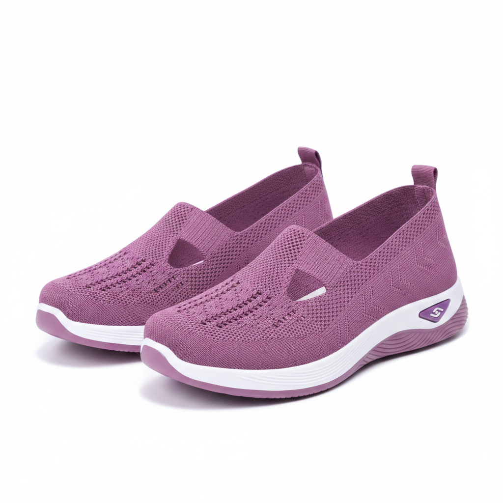 Chaussures orthopédiques slip-on Vulcane II violettes – mesh knit ajouré découpe T-bar, semelle plateforme violette et blanche, fond blanc studio