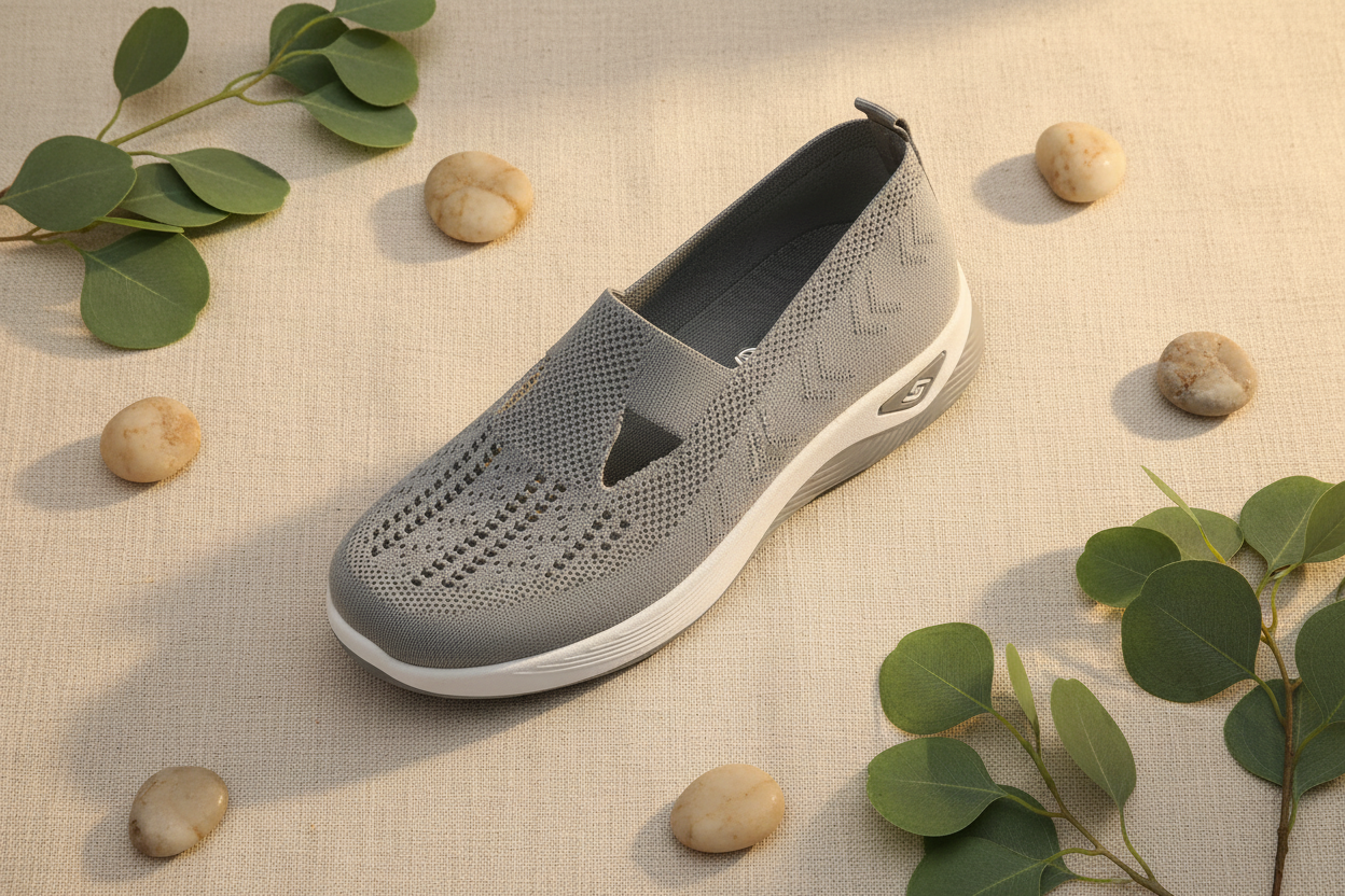 Chaussures Vulcane II grises flat lay sur lin naturel avec feuilles d'eucalyptus – confort orthopédique, ambiance wellness spa premium