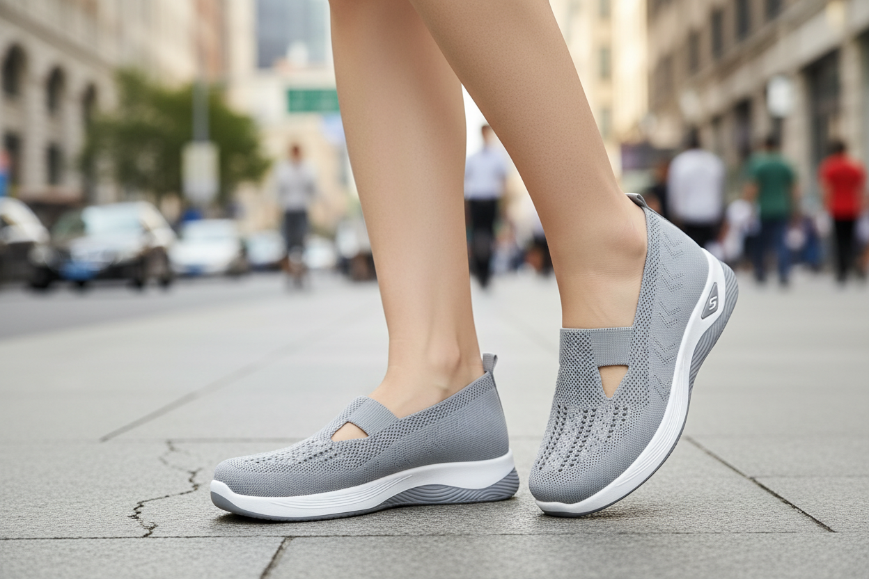 Femme en marche urbaine portant les chaussures orthopédiques Vulcane II grises – semelle plateforme amortissante, confort toute la journée