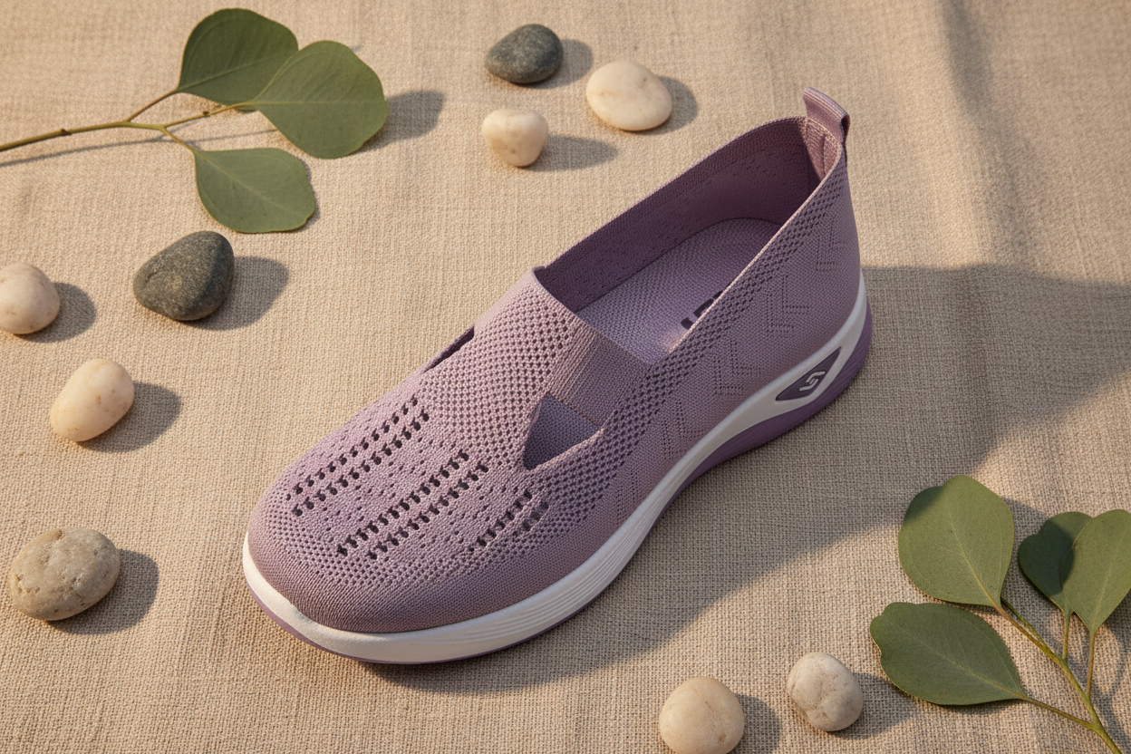 Chaussures Vulcane II lavande flat lay sur lin naturel avec feuilles d'eucalyptus – confort orthopédique, ambiance wellness spa premium