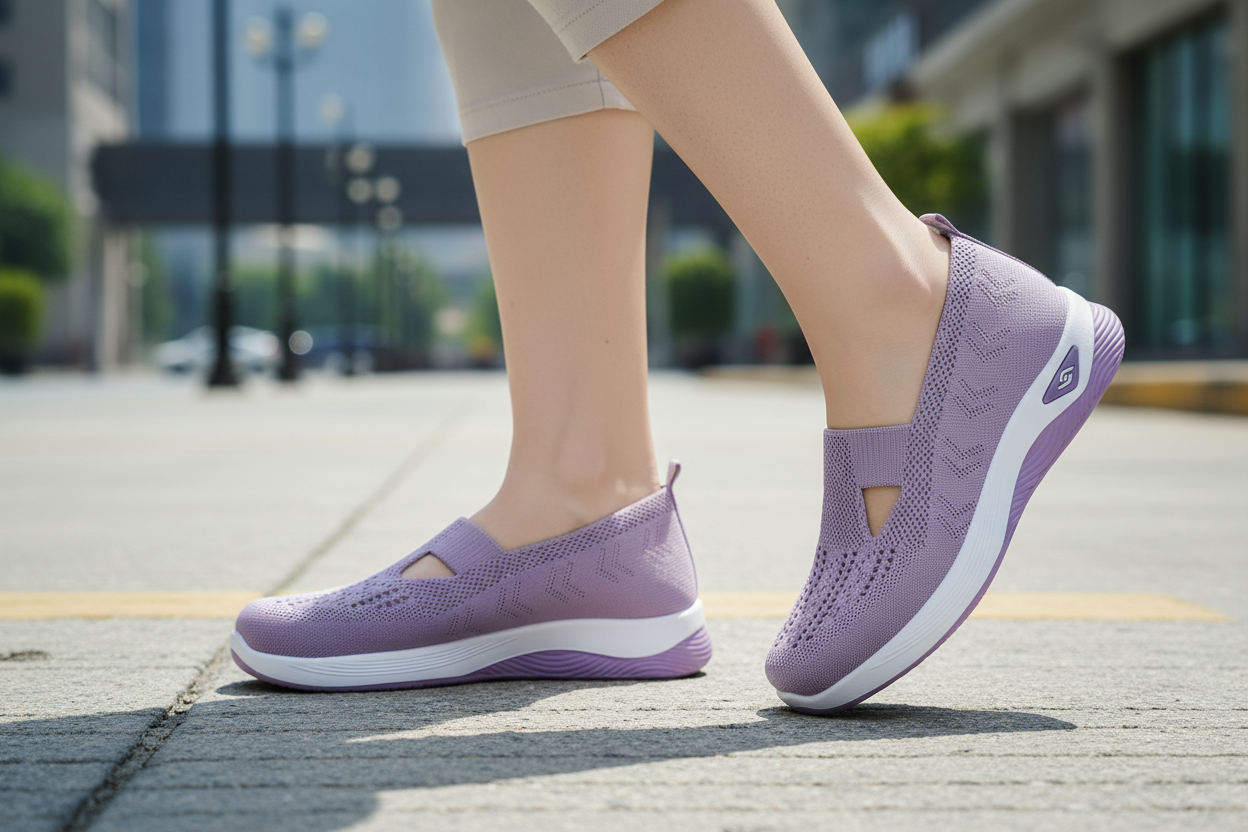Femme en marche urbaine portant les chaussures orthopédiques Vulcane II lavande – légèreté et soulagement des douleurs plantaires