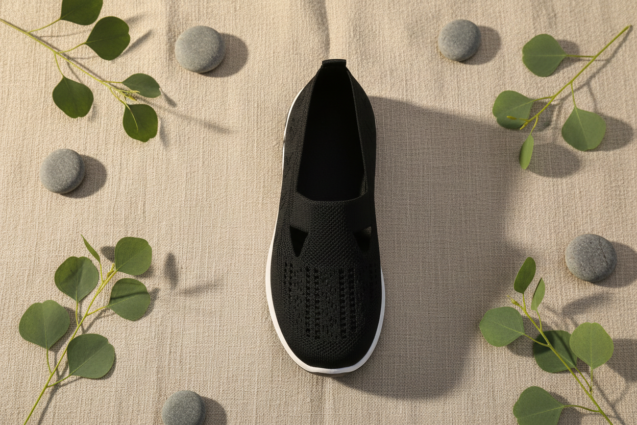 Chaussures Vulcane II noires flat lay sur lin naturel avec feuilles d'eucalyptus – confort orthopédique, ambiance wellness spa premium