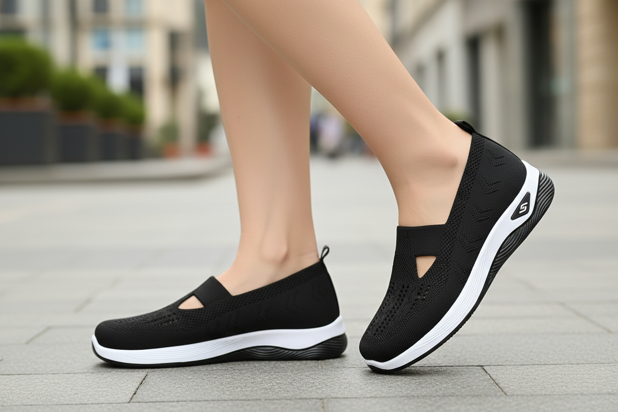 Femme en marche urbaine portant les chaussures orthopédiques Vulcane II noires – confort et soulagement articulaire, style casual chic
