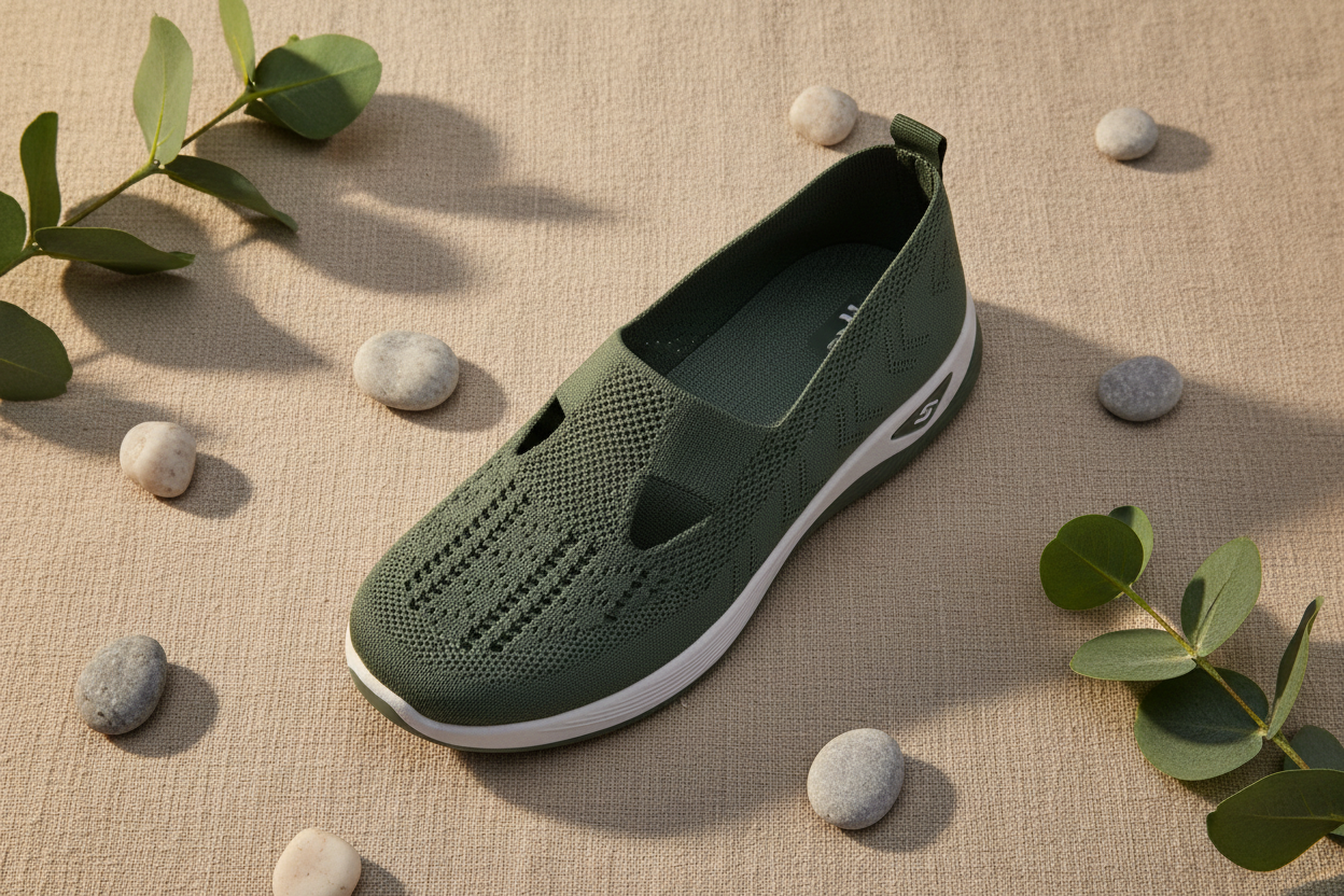Chaussures Vulcane II vert kaki flat lay sur lin naturel avec feuilles d'eucalyptus – confort orthopédique, ambiance wellness spa premium