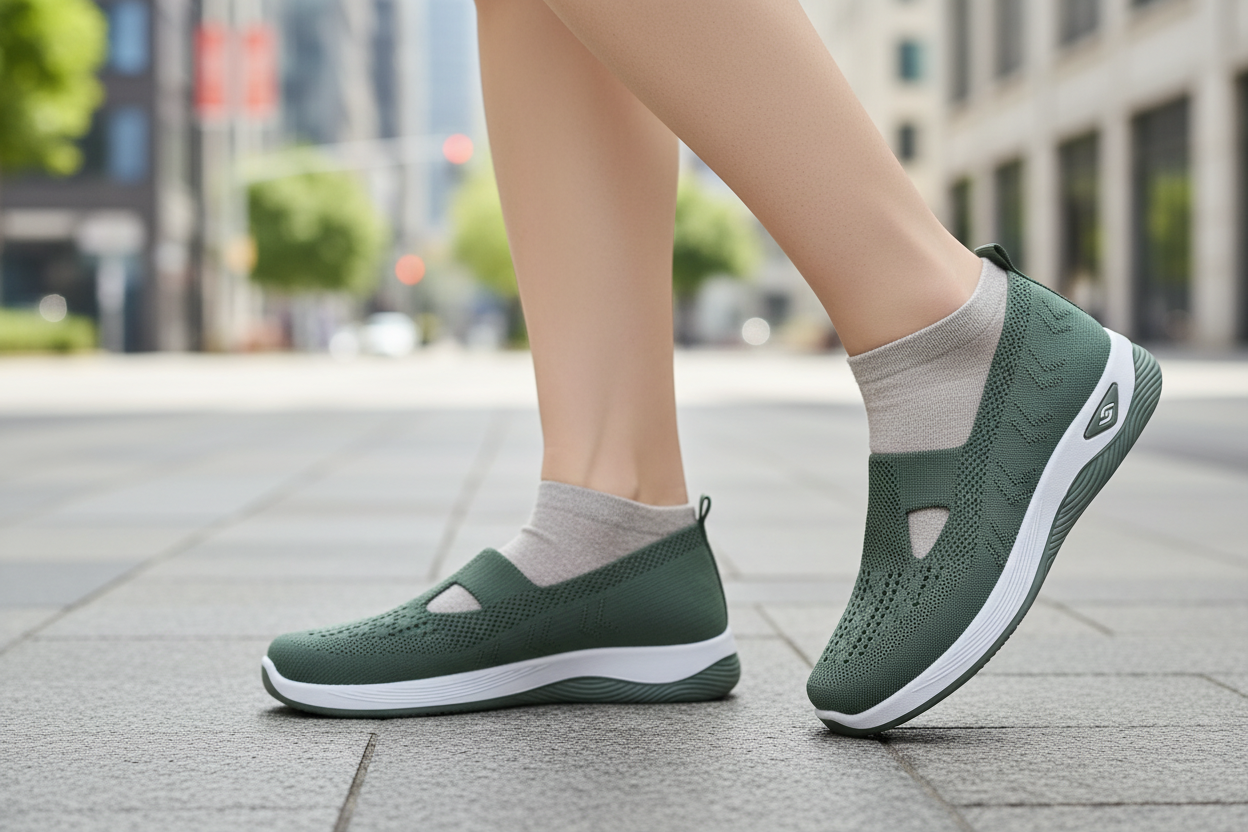 Femme en marche urbaine portant les chaussures orthopédiques Vulcane II vert kaki – amorti plateforme et confort durable