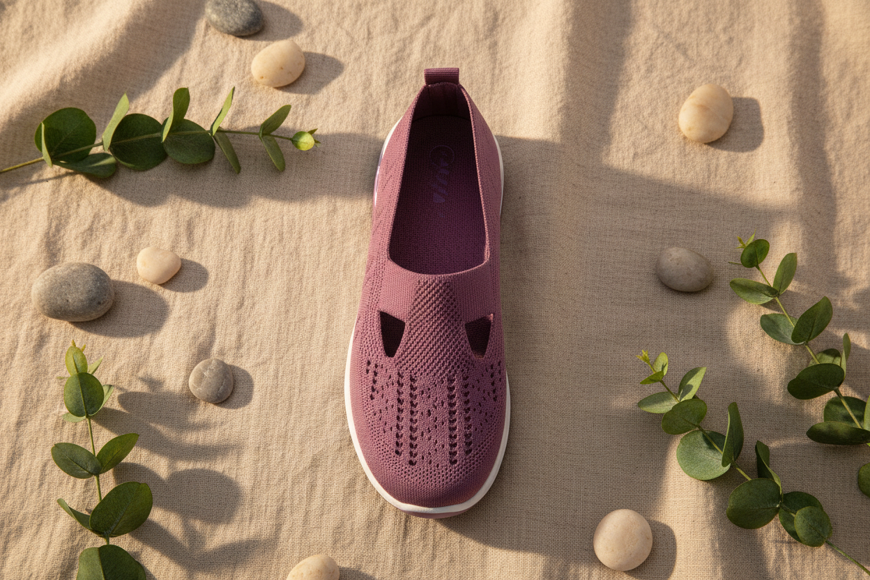 Chaussures Vulcane II violettes flat lay sur lin naturel avec feuilles d'eucalyptus – confort orthopédique, ambiance wellness spa premium