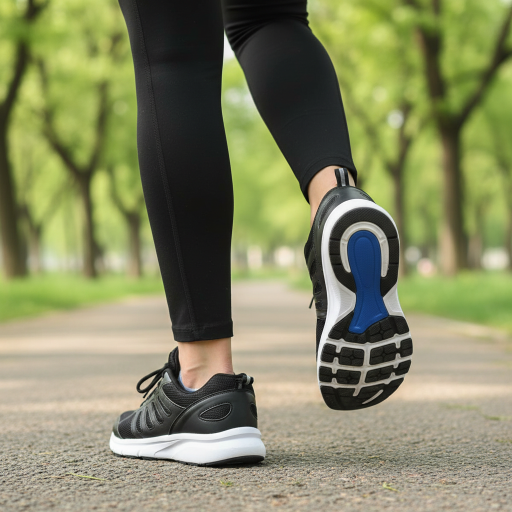 Personne en marche active avec semelles Z100 sport mémoire de forme – confort et amorti au quotidien