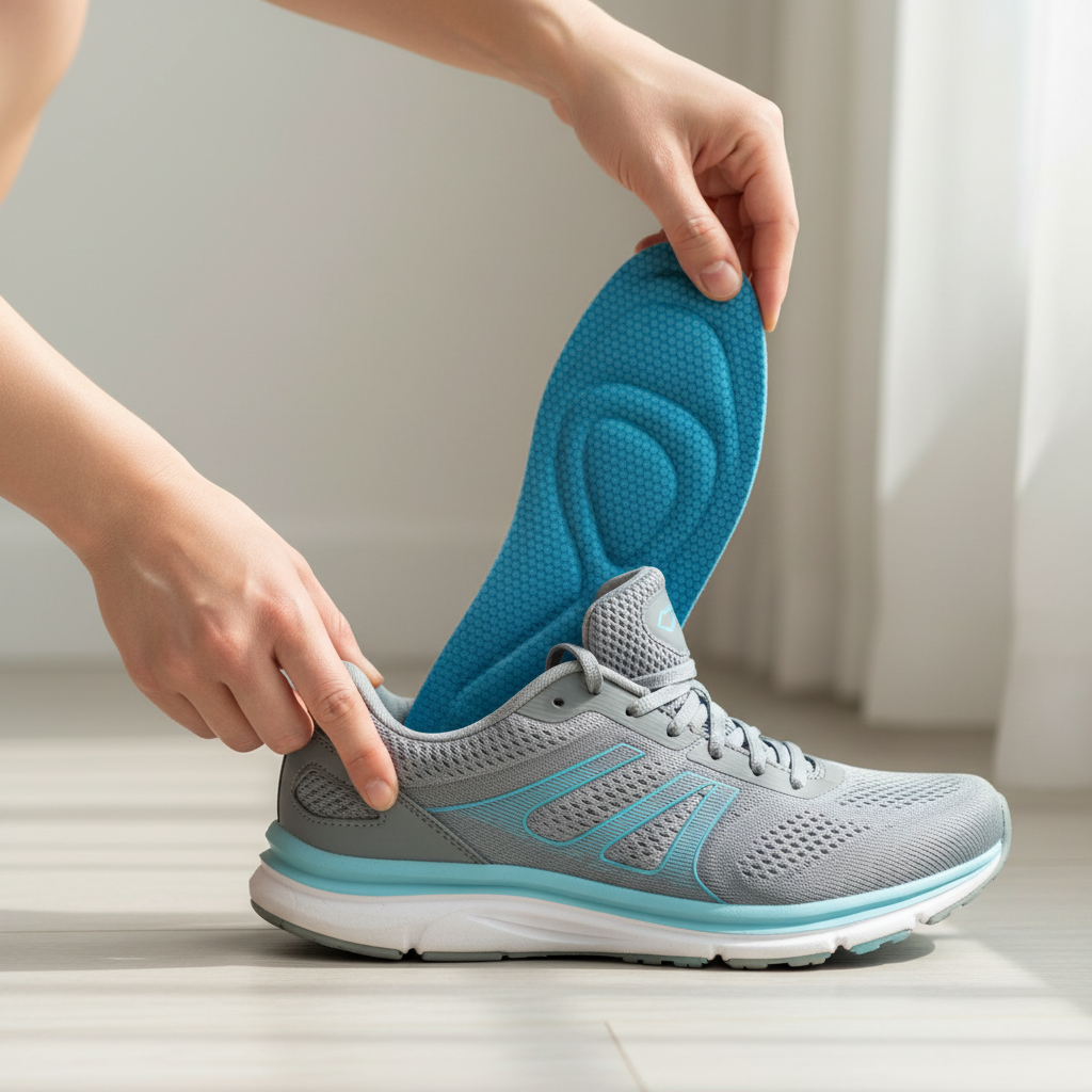 Insertion semelles Z100 sport mémoire de forme dans une chaussure de running – gros plan mains, confort et amorti