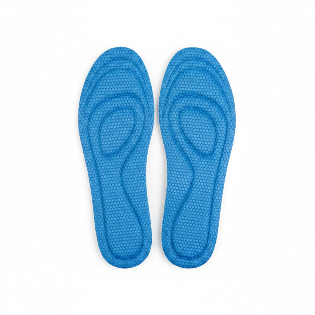 Semelles sport Z100 mémoire de forme bleues – paire vue dessus fond blanc, texture points sport et amorti