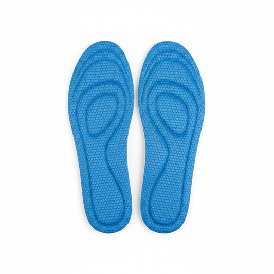 Semelles sport Z100 mémoire de forme bleues – paire vue dessus fond blanc, texture points sport et amorti