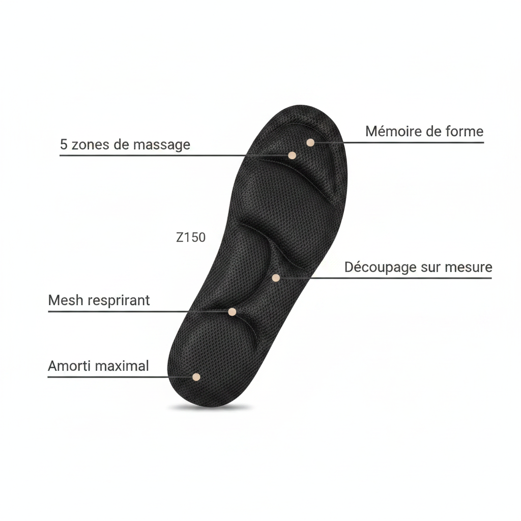 Semelles massage 5D Z150 noires flat lay sur lin naturel avec plantes – ambiance wellness et confort