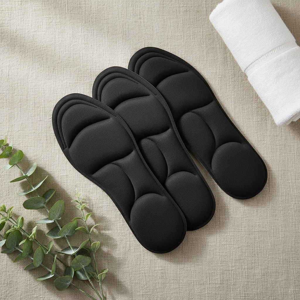 Semelles massage 5D Z150 noires flat lay sur lin naturel avec plantes – ambiance wellness et confort