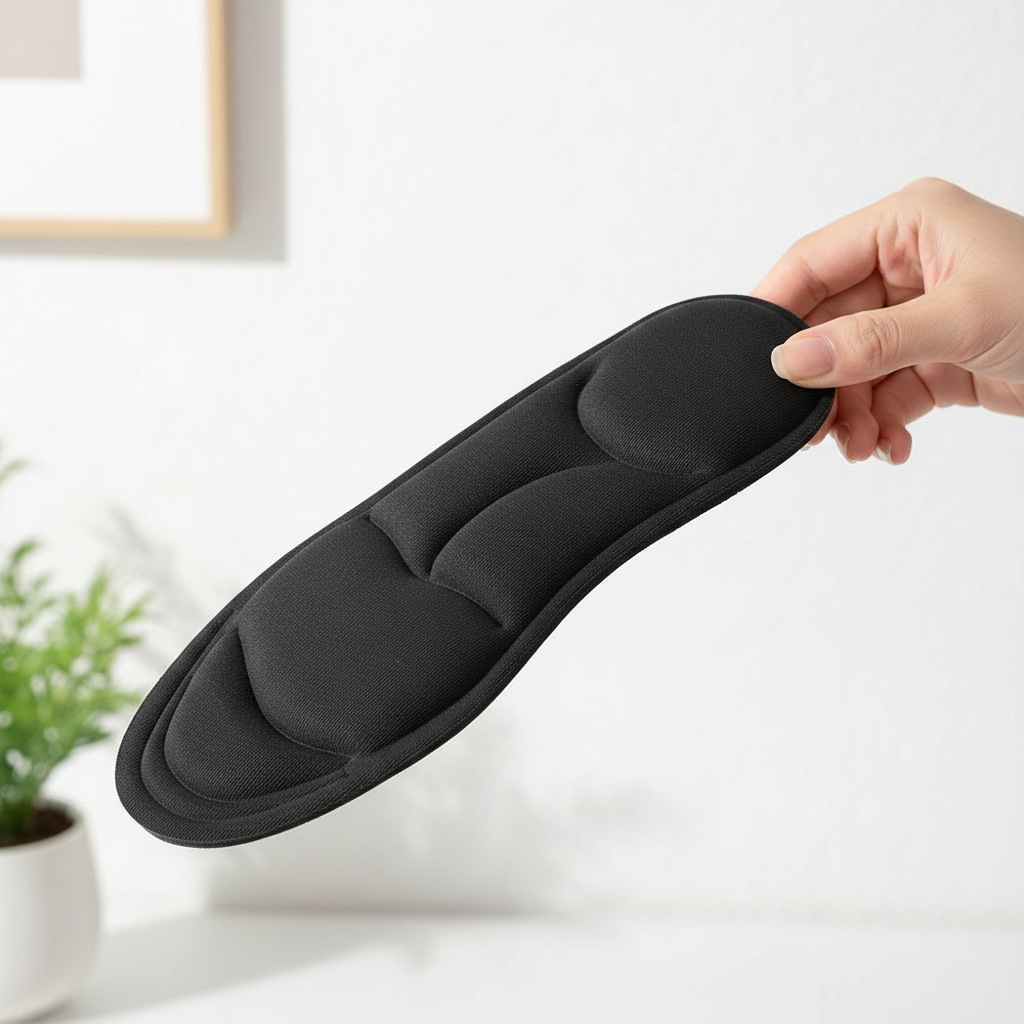 Insertion semelles massage 5D Z150 noires dans une chaussure – gros plan mains, amorti et confort