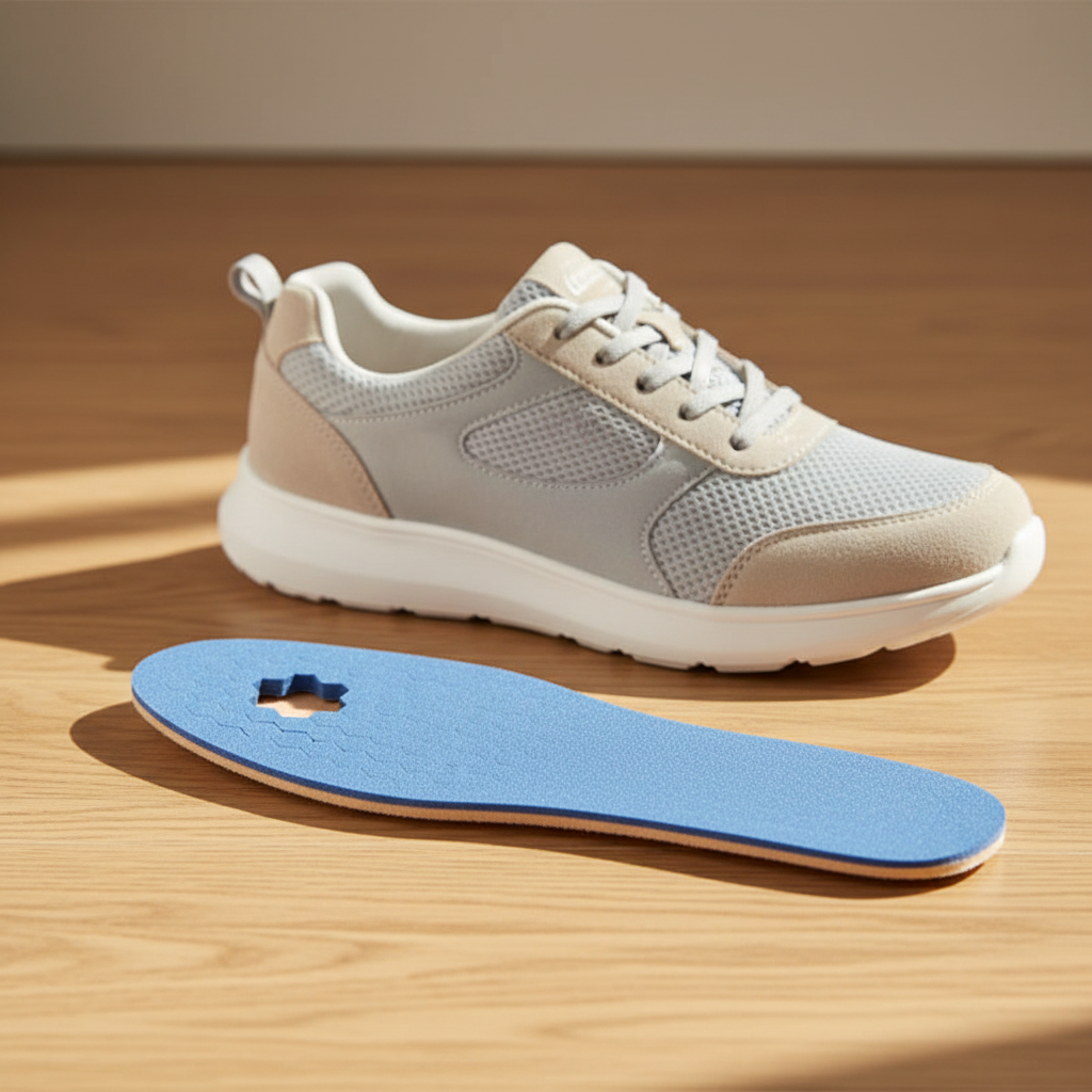 Semelles Z200 pour diabétiques posées à côté d'une chaussure de marche – ambiance lifestyle bien-être, lumière naturelle