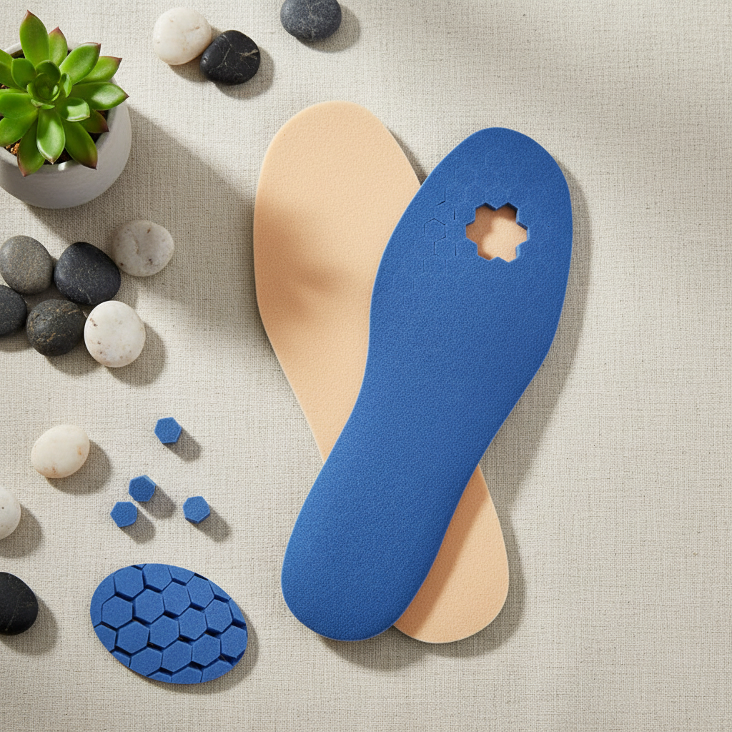 Semelles Z200 pour diabétiques flat lay sur lin naturel avec plantes – esthétique spa wellness premium