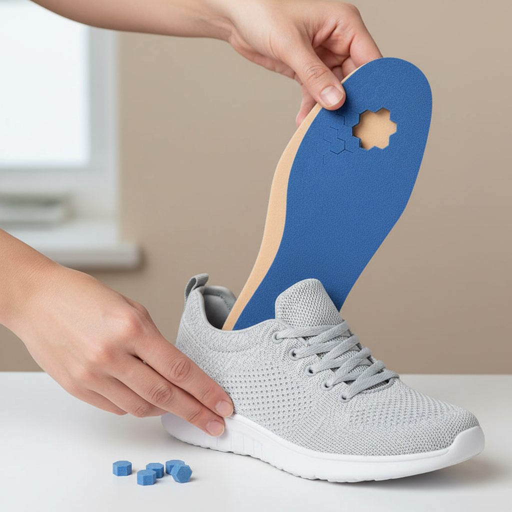 Insertion des semelles Z200 diabétiques dans une chaussure – gros plan mains, confort et facilité de pose
