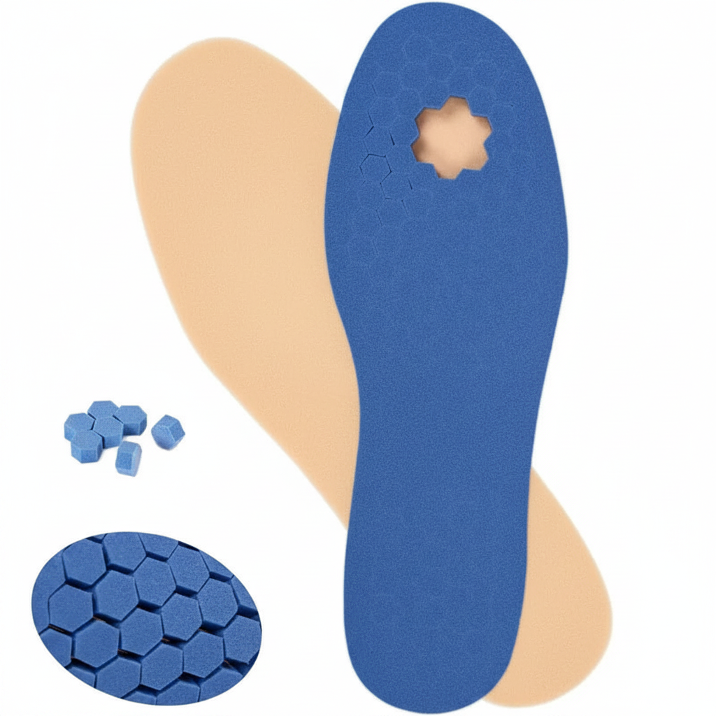 Semelles Z200 pour diabétiques vue dessus – mousse EVA nid d'abeille bleue et face beige douce, picots hexagonaux amovibles, fond blanc