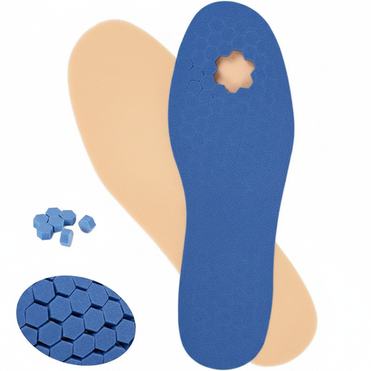 Semelles Z200 pour diabétiques vue dessus – mousse EVA nid d'abeille bleue et face beige douce, picots hexagonaux amovibles, fond blanc