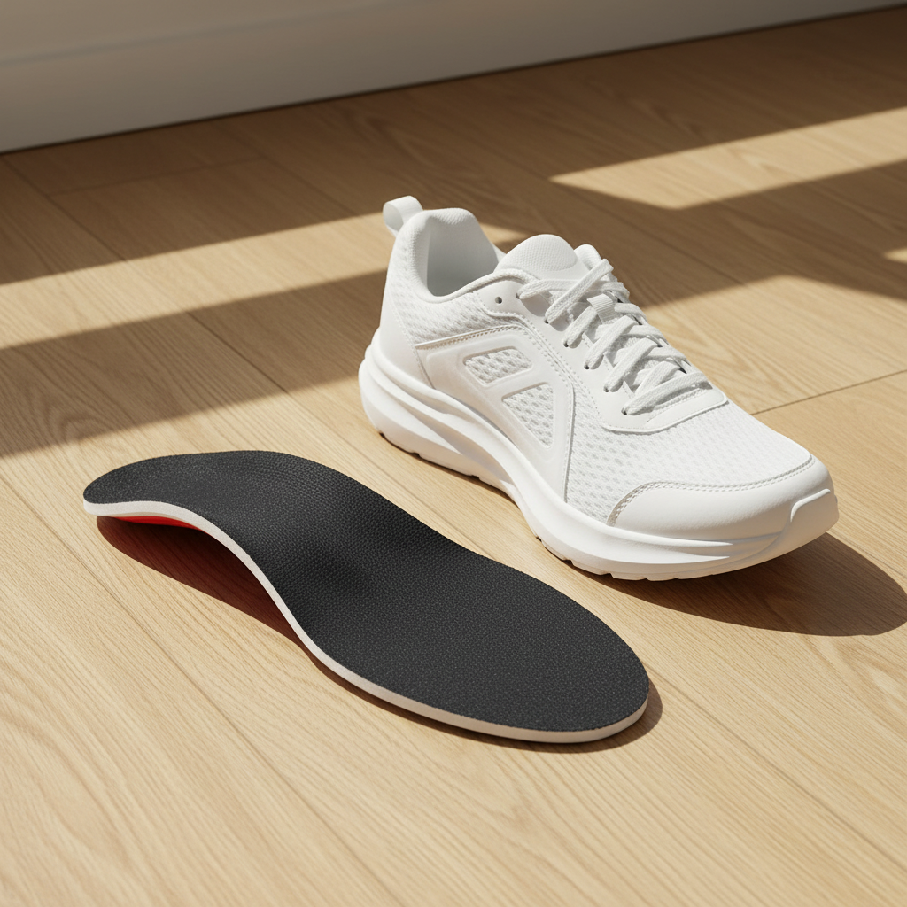 Semelles orthopédiques Z250 posées à côté d'une chaussure de running – soutien voûte plantaire et amorti gel