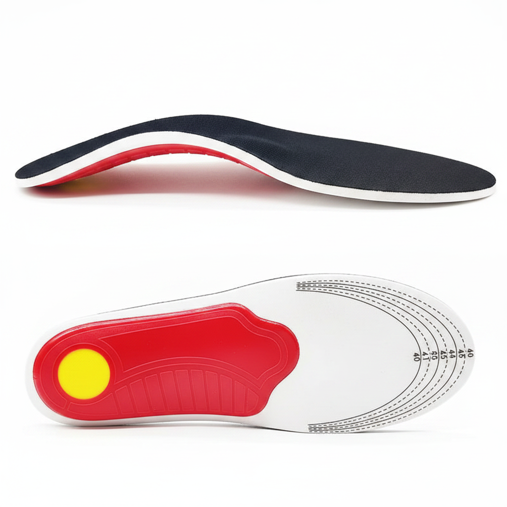 Semelles orthopédiques Z250 vue profil et dessous – coque rouge soutien voûte plantaire, gel jaune et base blanche découpable