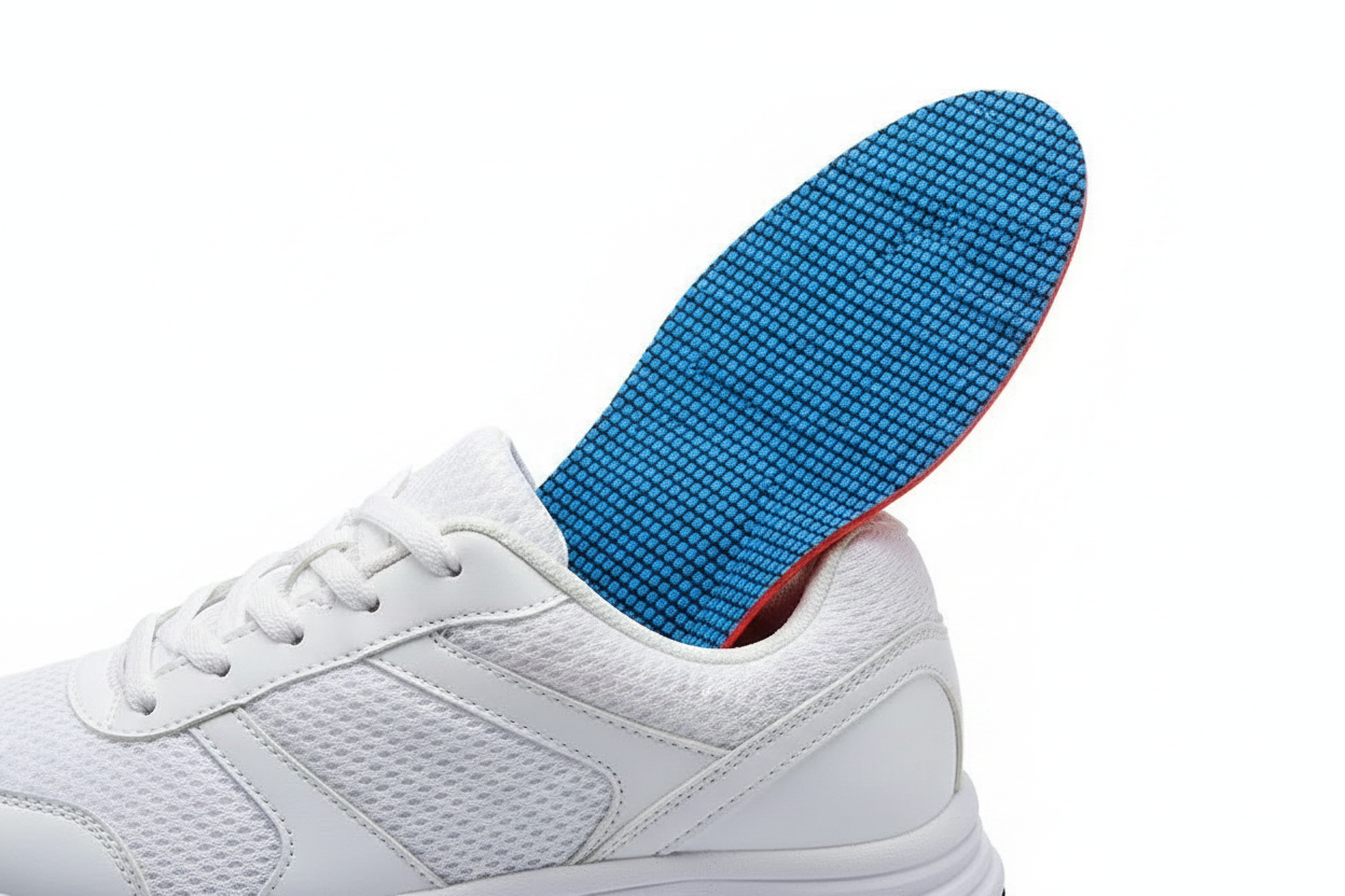 Semelles orthopédiques Z350 vue de profil – courbure soutien voûte plantaire, base orange EVA