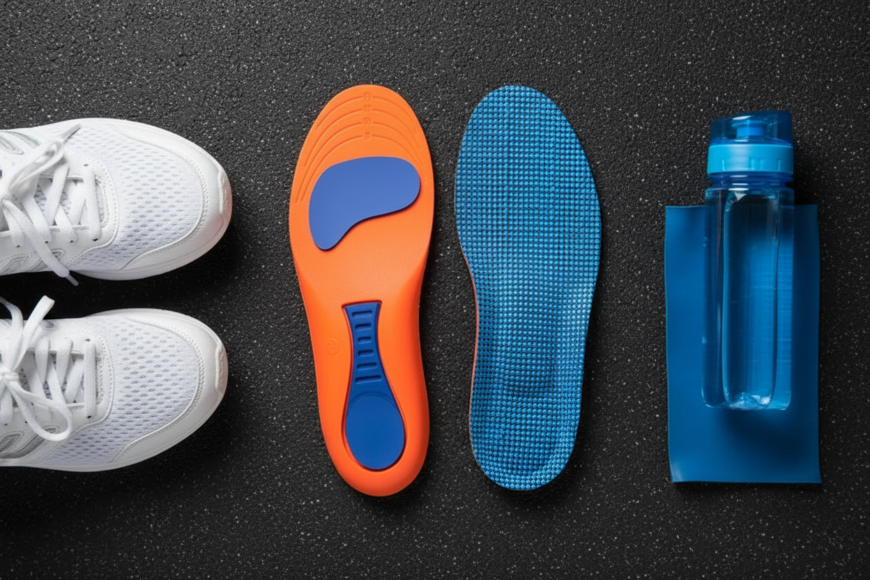 Semelles sport Z350 posées sur sol de salle de sport avec chaussures de running blanches et gourde bleue