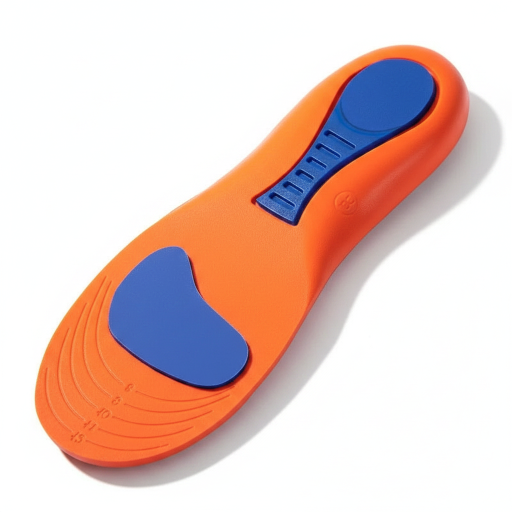 Gros plan semelles Z350 – coque EVA orange et double pad gel bleu pour absorption des chocs
