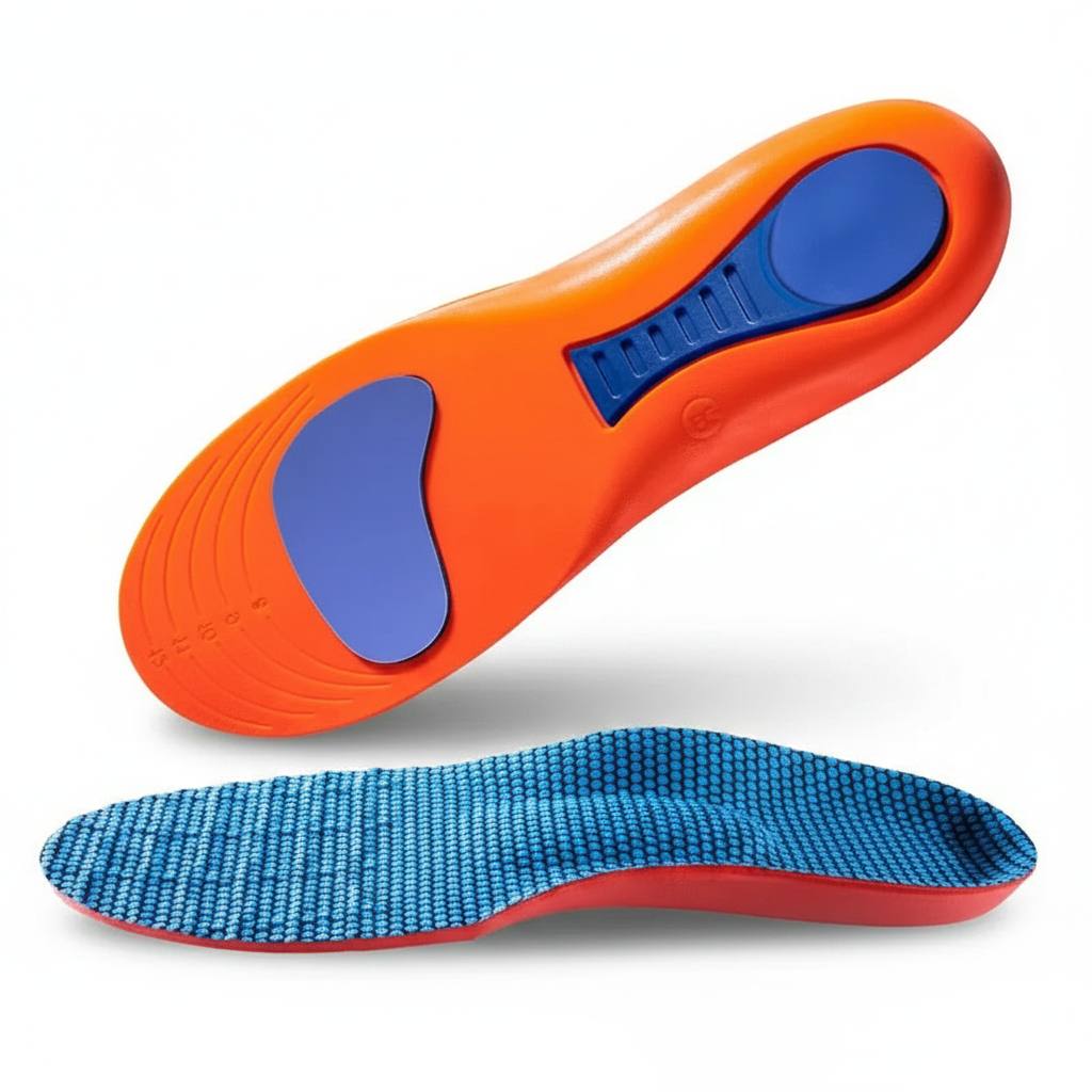 Semelles orthopédiques sport Z350 – base orange EVA, pads gel bleus talon et avant-pied, dessus mesh bleu