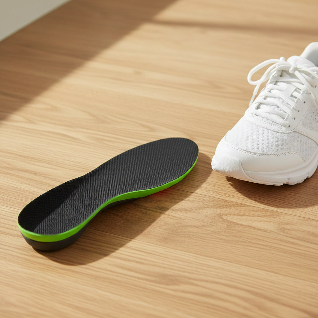 Semelle orthopédique Z500 noire bordure verte posée à côté d'une chaussure de running – soutien plantaire et confort actif