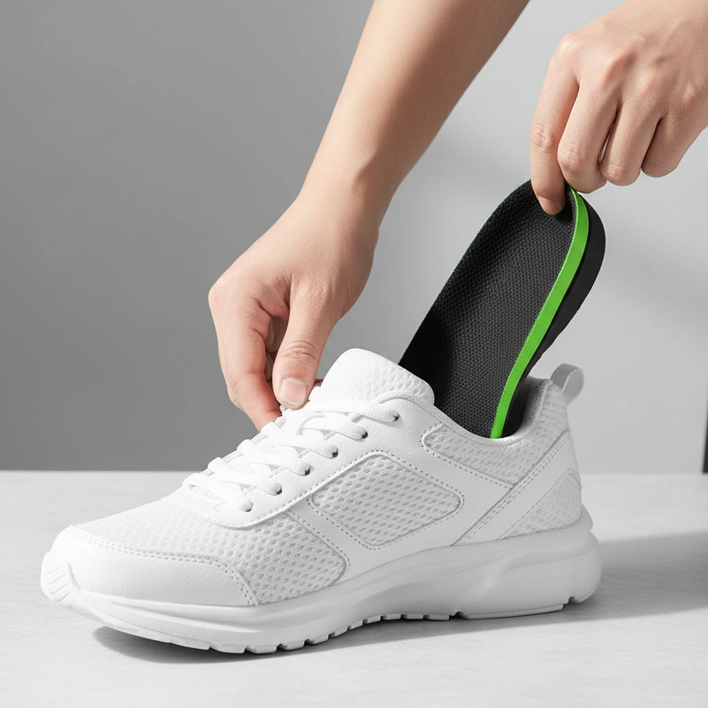 Insertion semelle orthopédique Z500 noire bordure verte dans une chaussure de running – gros plan mains, soutien plantaire et amorti