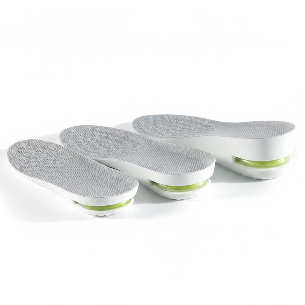 Talonnettes rehaussantes Z550 – 3 hauteurs 1,5 / 2,5 / 3,5 cm, mesh gris et coussin gel vert, fond blanc