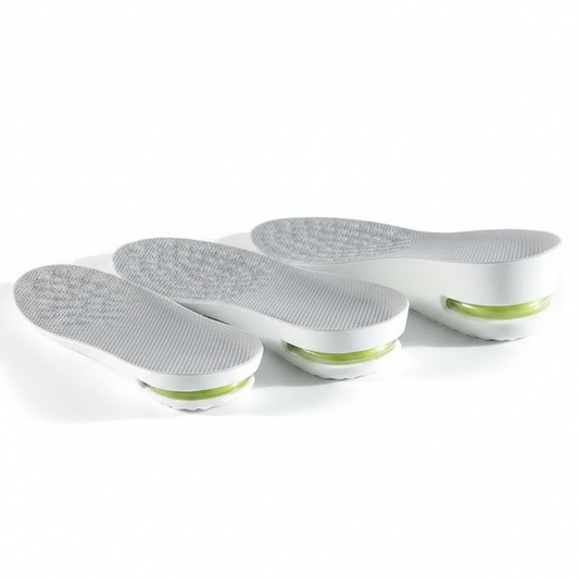 Talonnettes rehaussantes Z550 – 3 hauteurs 1,5 / 2,5 / 3,5 cm, mesh gris et coussin gel vert, fond blanc