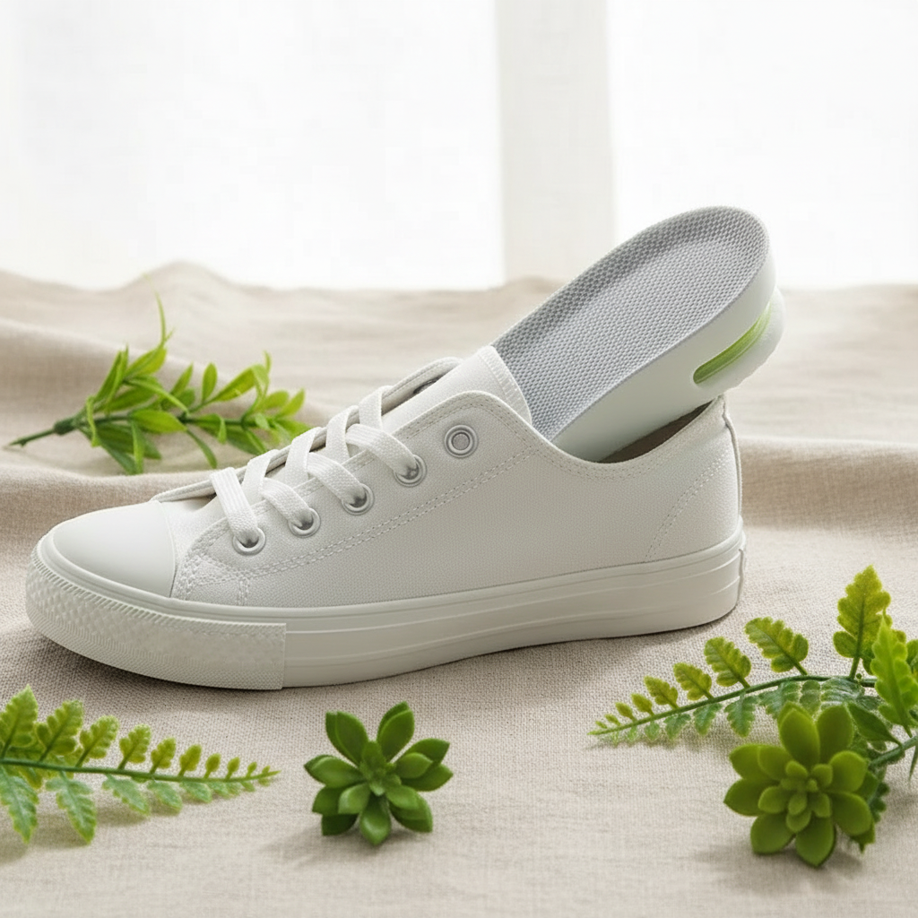 Talonnette Z550 insérée dans une sneaker blanche sur lin naturel – confort fasciite plantaire, ambiance wellness