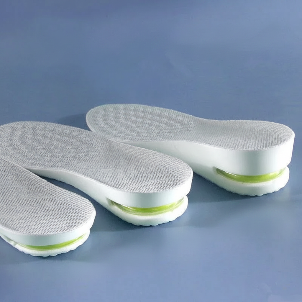 Talonnettes Z550 packshot – 3 tailles rehaussantes mesh gris et gel vert, soulagement fasciite plantaire