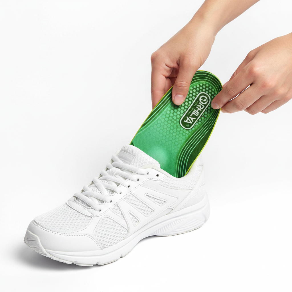 Insertion semelles orthopédiques Z650 dans une chaussure de running – gros plan mains, confort métatarsien et fasciite plantaire
