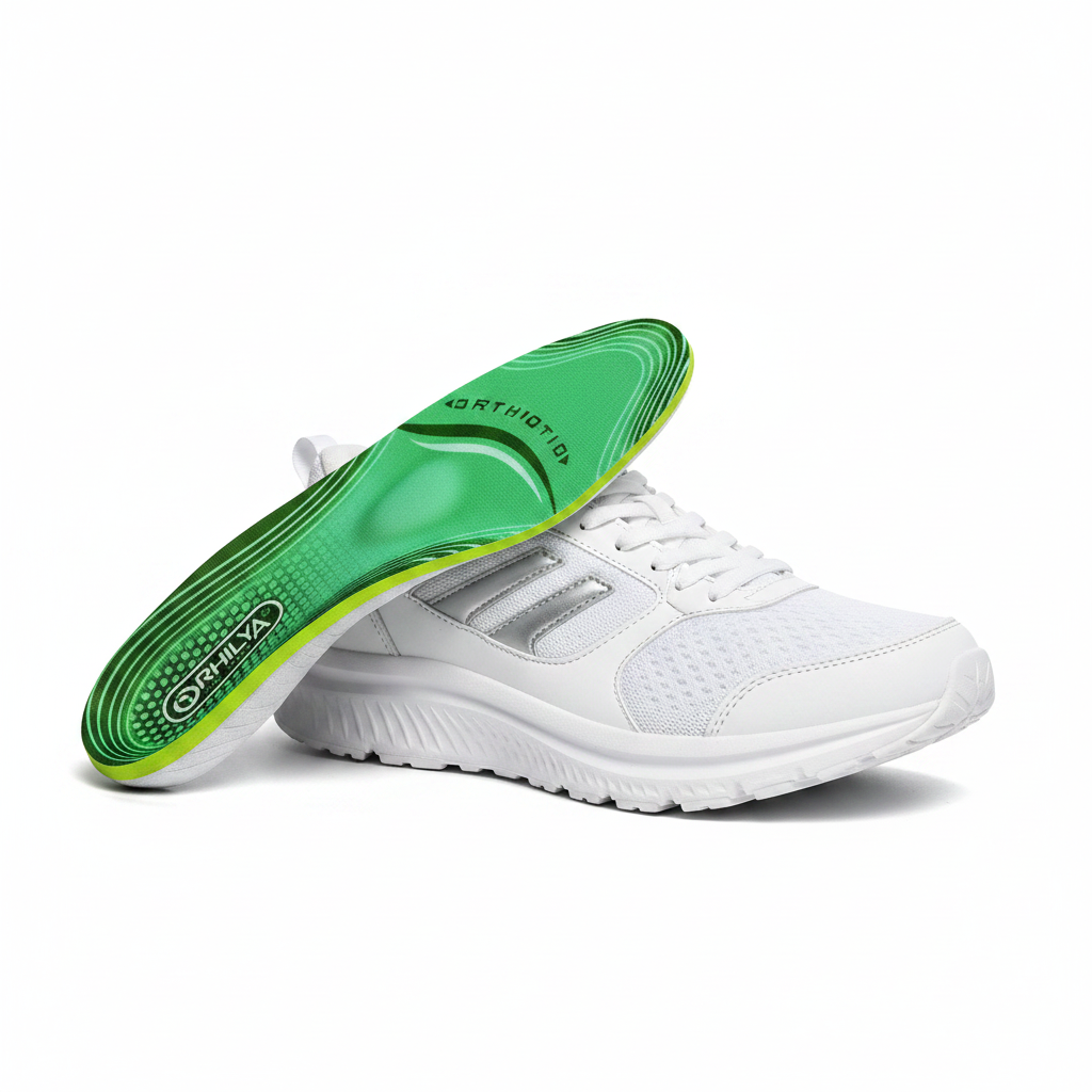 Semelles orthopédiques Z650 posées à côté d'une chaussure de running – confort métatarsien et soulagement douleurs plantaires