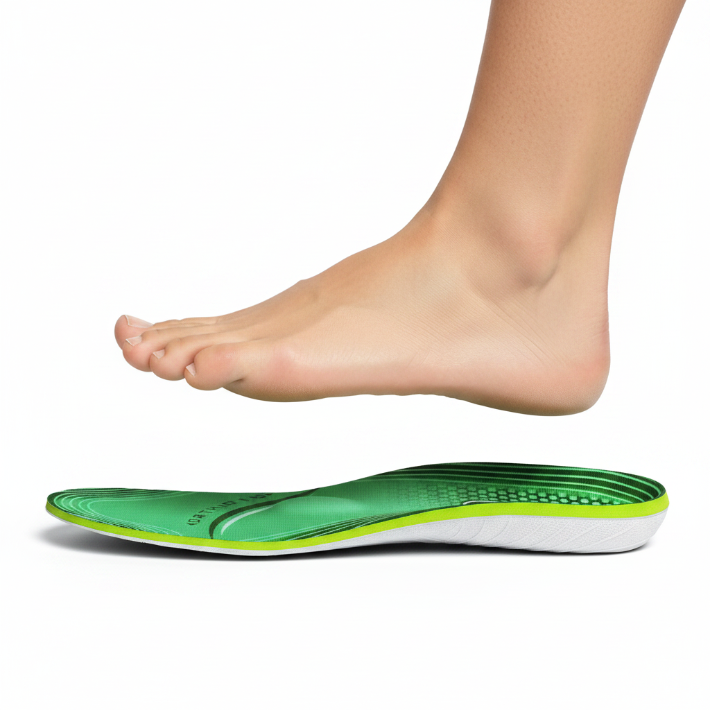 Semelles Z650 support métatarsien vue profil avec pied – voûte plantaire 35mm, mesh vert et bordure jaune-vert, fond blanc