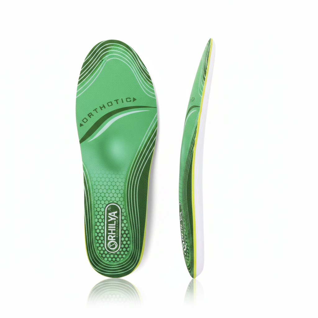 Semelles orthopédiques Z650 paire vue dessus et profil – mesh vert hexagonal, bordure jaune-vert et base EVA blanche, fond blanc