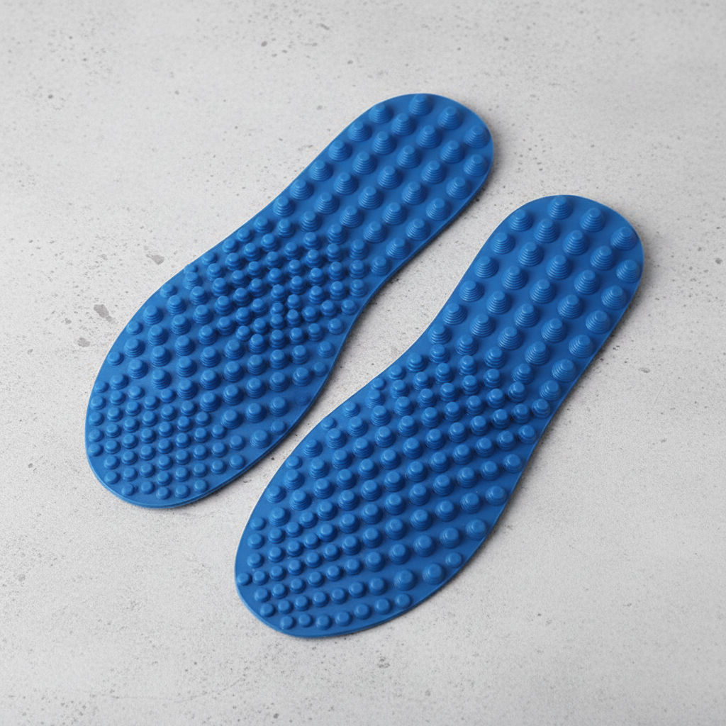 Semelles de massage Z750 flat lay sur surface béton – vue overhead minimaliste