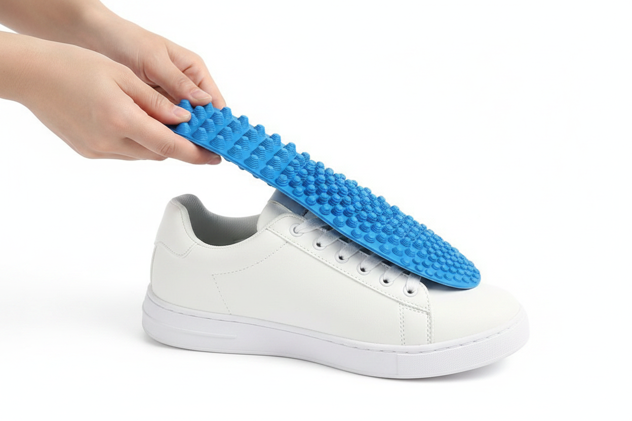 Semelles Z750 insérées dans une sneaker blanche – confort et réflexologie au quotidien