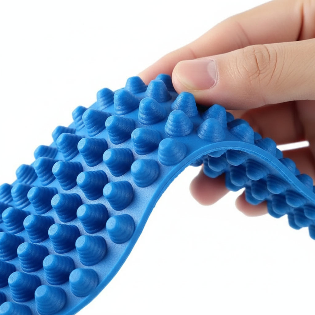 Macro semelles Z750 – détail picots coniques en silicone bleu et flexibilité
