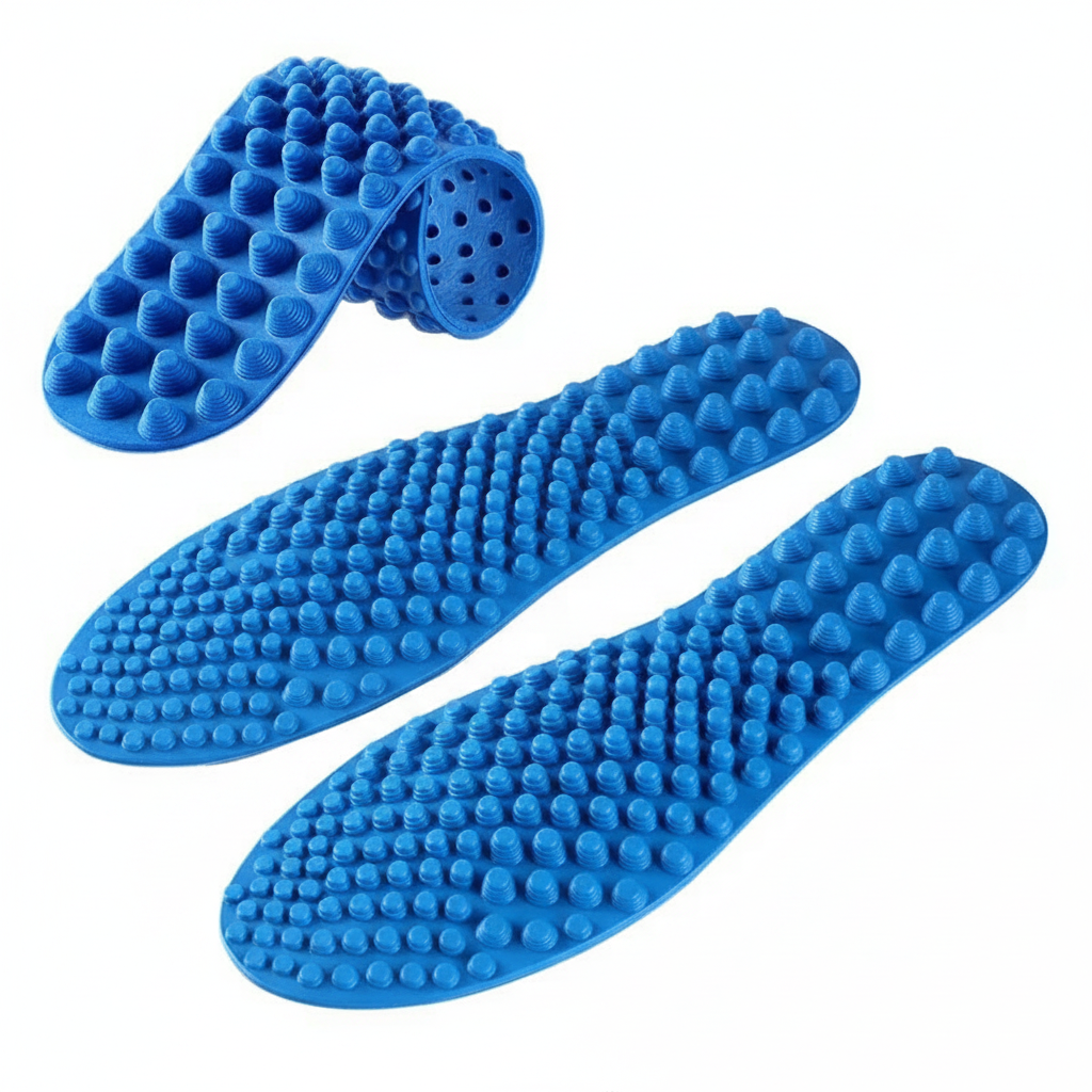 Packshot semelles Z750 recto verso – silicone bleu et trous de ventilation, fond blanc