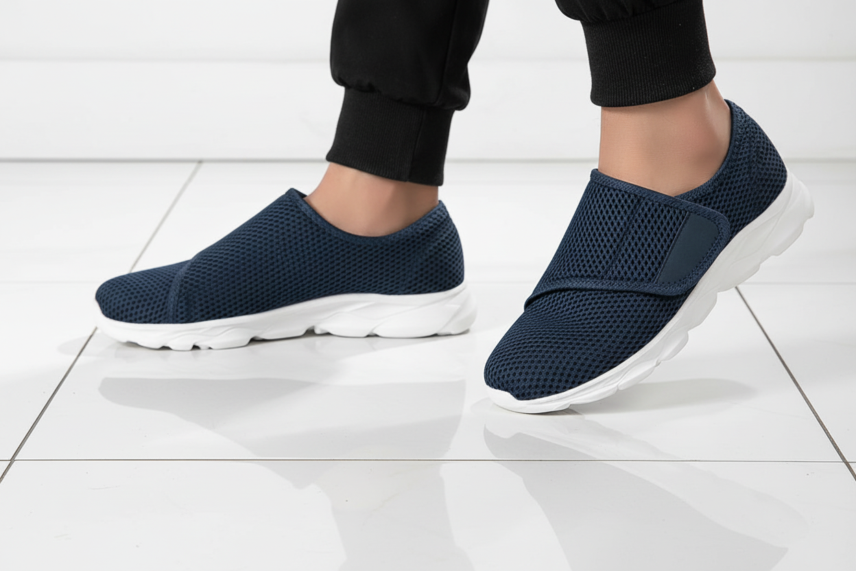 Chaussures orthopédiques Zoomix bleues – marche sur carrelage blanc, confort intérieur