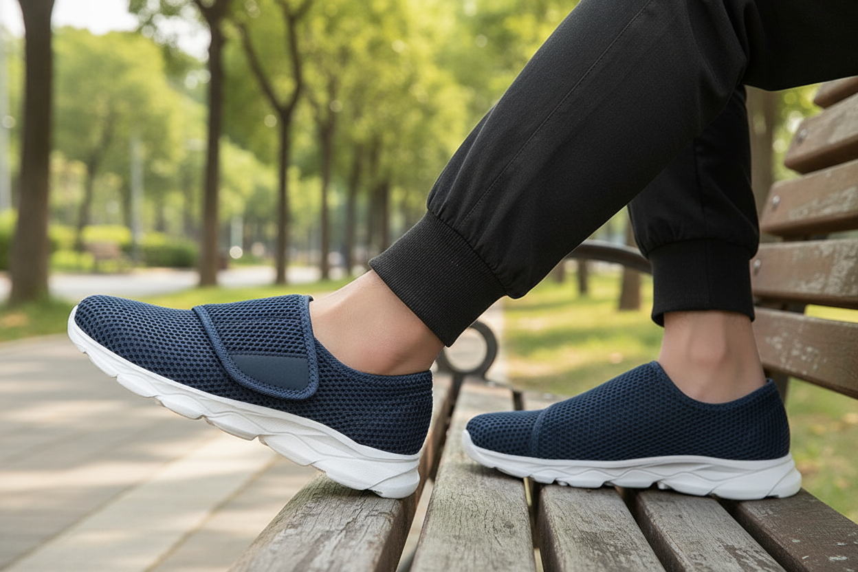 Chaussures Zoomix bleues portées en extérieur – confort diabétique au quotidien