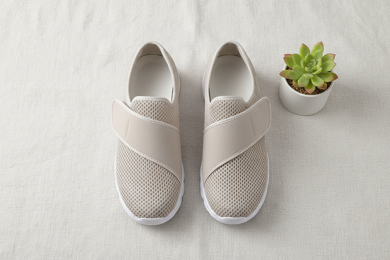 Chaussures Zoomix beige flat lay – design léger et aéré pour un confort optimal