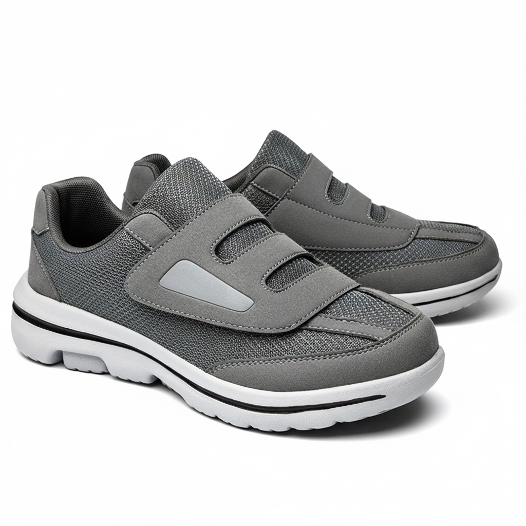 Chaussures orthopédiques diabétiques Zoomix II Gris – packshot fond blanc, velcro large, mesh respirant, semelle EVA blanche